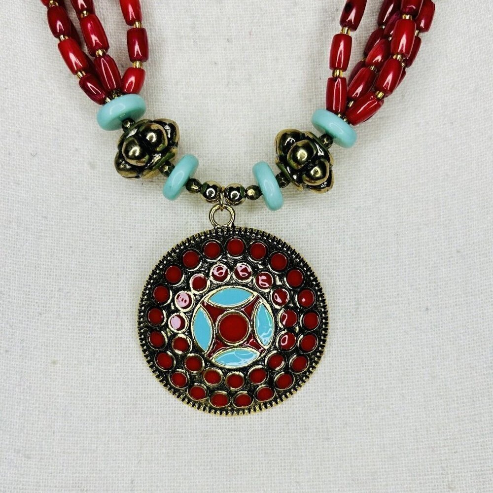 Faux Turquoise & Coral Tribal Tibetan Ethnic Pendant Necklace 19" - Picture 2 of 5